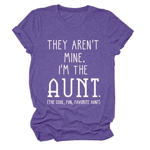 Close-up of purple t-shirt fabric with white 'THEY AREN'T MINE I'M THE AUNT' text print