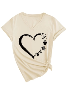 Close-up of beige V-neck t-shirt featuring heart and nautical palm tree graphics