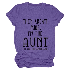Detail of purple crew neck T-shirt featuring 'The Cool Aunt' slogan print on cotton fabric