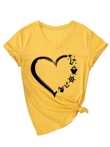 Close-up of V-neck short sleeve T-shirt with heart-shaped palm tree and anchor print