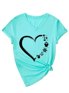Detail of V-neck T-shirt showing nautical heart print with palm trees and knotted hem