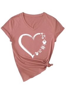 Detail of V-neck dusty rose t-shirt with heart graphic and side knot design