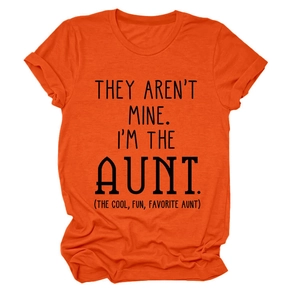 Detail of soft orange crew neck t-shirt featuring bold black slogan print for aunts