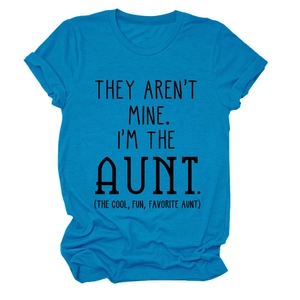 Close-up of funny aunt quote text on blue cotton crewneck T-shirt with folded sleeves
