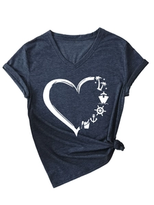 Detail of V-neck grey t-shirt with rolled sleeves and nautical heart print design