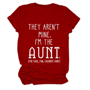 Detail of white slogan print on deep red cotton crew neck T-shirt for aunts