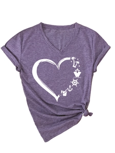 Close-up of purple V-neck t-shirt featuring nautical heart print and hem knot detail