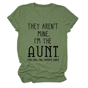 Close-up of olive green crew neck tee with 'I'm the Aunt' funny slogan print