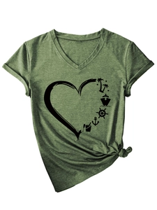 Detail of V-neck t-shirt with heart-shaped nautical print and stylish front knot design