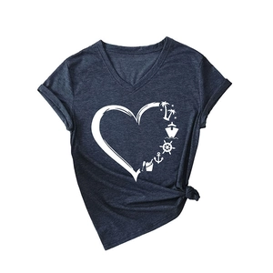 Women V-neck t-shirt in navy gray featuring nautical heart print and knotted hem detail