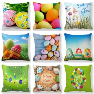 Pasen Kussenhoes Linnen Paashaas Meerkleurige Eieren Bloemprint Vierkante Decoratieve Kussenhoes Voor Thuis Sofa Feest