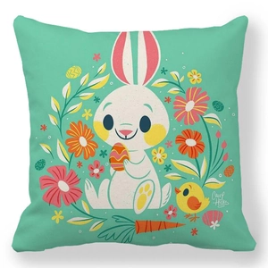 Easter bunny and colorful eggs illustration on mint green peach skin pillow case