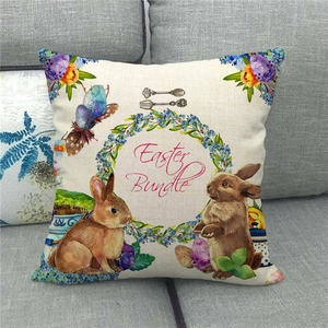 Detailed texture of linen Easter pillowcase with rabbit prints and hidden zipper detail