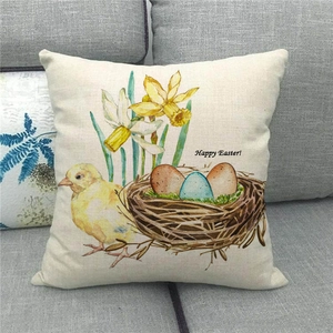 Linen Happy Easter pillowcase featuring a yellow chick, colorful eggs, and daffodils