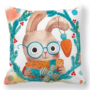 Easter bunny pillowcase with watercolor rabbit floral wreath and gift box on white
