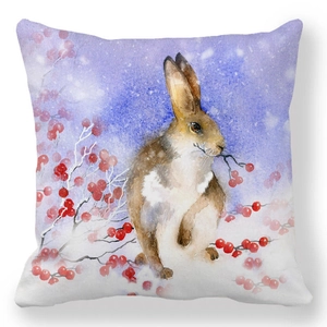 Easter watercolor bunny and red berries print pillowcase in soft peach skin fabric