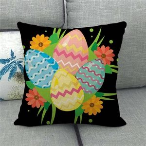 Easter Happy Egg and Bunny linen pillowcase with colorful floral pattern on a sofa