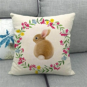 Funda de cojín de Pascua de lino con diseño de conejo y guirnalda de flores