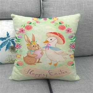 Detalle de la textura de lino de la funda de cojín de Pascua con conejo y patito
