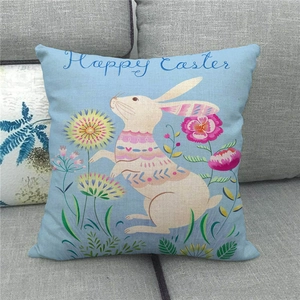 Detalle de la textura de lino en la funda de cojín Happy Easter con conejo y flores