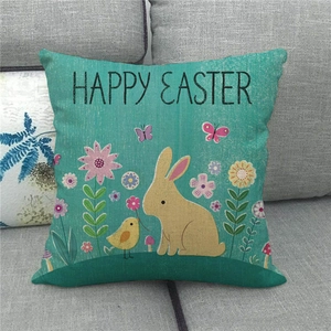 Detalle de la funda de cojín de Pascua de lino verde azulado con diseño de conejo