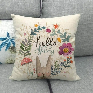 Funda de cojín de lino de Pascua con conejo, flores y texto de 'hello Spring'