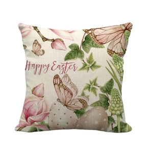 Linen Easter pillowcase featuring Happy Easter text with watercolor eggs and pink flowers