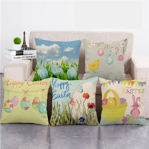Happy Easter Eggs Bunny Linen Pillowcase Decorative Throw Cushion Cover For Sofa Couch Farmhouse Spring Decor