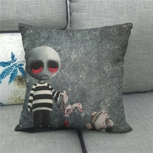 Detailed texture of Gothic Easter pillow cover featuring bunny illustration on linen sofa