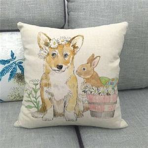 Detailed texture of linen cushion cover with watercolor Easter corgi and bunny print