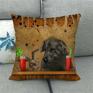 Detailed texture of linen pillowcase featuring vintage labrador and rabbit art print