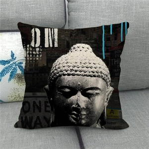 Close-up of Amitabha Buddha stone carving art print on a linen textured throw pillow cover