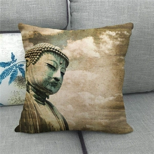 Macro view of zen style Buddha statue stone carving print on linen throw pillow cover