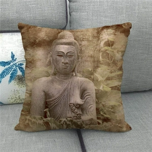 Close-up of Amitabha Buddha stone carving art print on a textured linen pillow cover