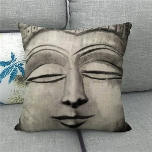 Close-up of Amitabha Buddha stone carving print on linen pillowcase for home decor