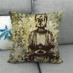 Fodera per cuscino in lino con ritratto di Buddha su divano grigio decorazione