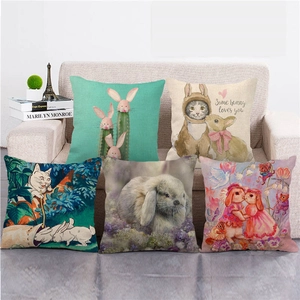 Happy Easter Linen Cushion Cover Decorative Rabbit Easter Egg Print Square Pillowcase Rustic Spring Home Decor Without Insert