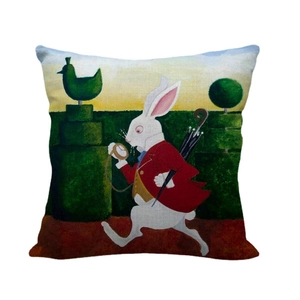 Easter rabbit in red suit linen pillow cover with Alice Wonderland style garden art
