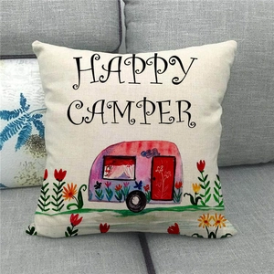 Linen happy camper throw pillow cover with floral caravan print for home decor