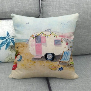 Close-up of You are My Sunshine linen pillowcase with beach camper van illustration