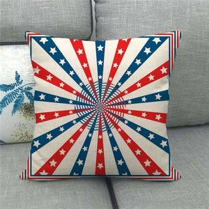American flag style star and stripes linen throw pillow cover on a modern grey sofa