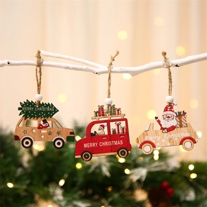 Set of 9 wooden Christmas car ornaments with Santa motifs and rustic jute hanging ropes