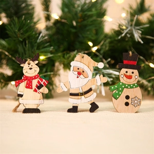 Detail of hand-painted wooden Christmas ornaments featuring Santa, reindeer and snowman