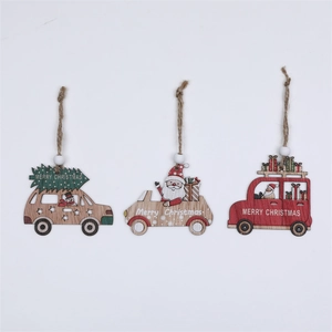 Close-up of three wooden Christmas car ornaments with beads and festive patterns
