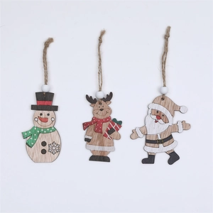 Detailed view of wood Christmas ornaments set featuring snowman deer and Santa Claus