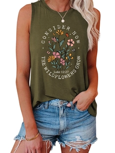 Détail du débardeur vert armée avec imprimé floral et texte d'inspiration biblique en coton