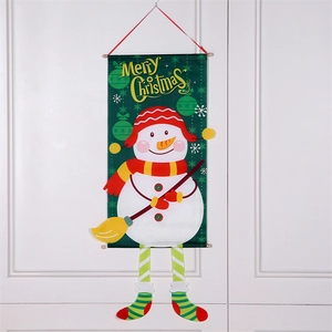 Détail de la bannière de Noël avec motif bonhomme de neige, flocons et longues jambes rayées