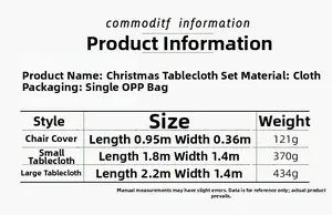 Größentabelle mit Maßen für Weihnachts-Stuhlhussen und Tischdecken in Zentimetern