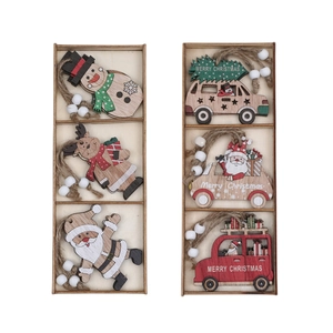 9-piece set of wooden Christmas ornaments featuring Santa, reindeer, and cars for tree decor