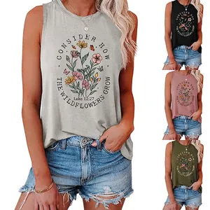 Débardeur Femme Sans Manches Mélange Coton Col Rond Imprimé Fleurs Sauvages Papillon Graphique Inspirant Gilet Été